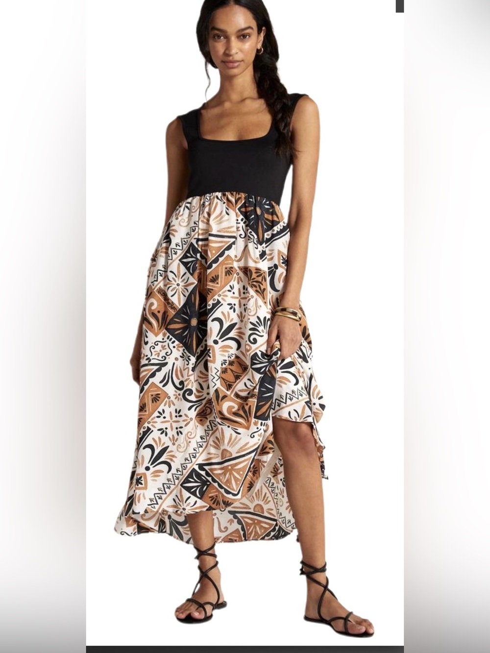 Anthropologie Black and Tan Printed Midi Dress